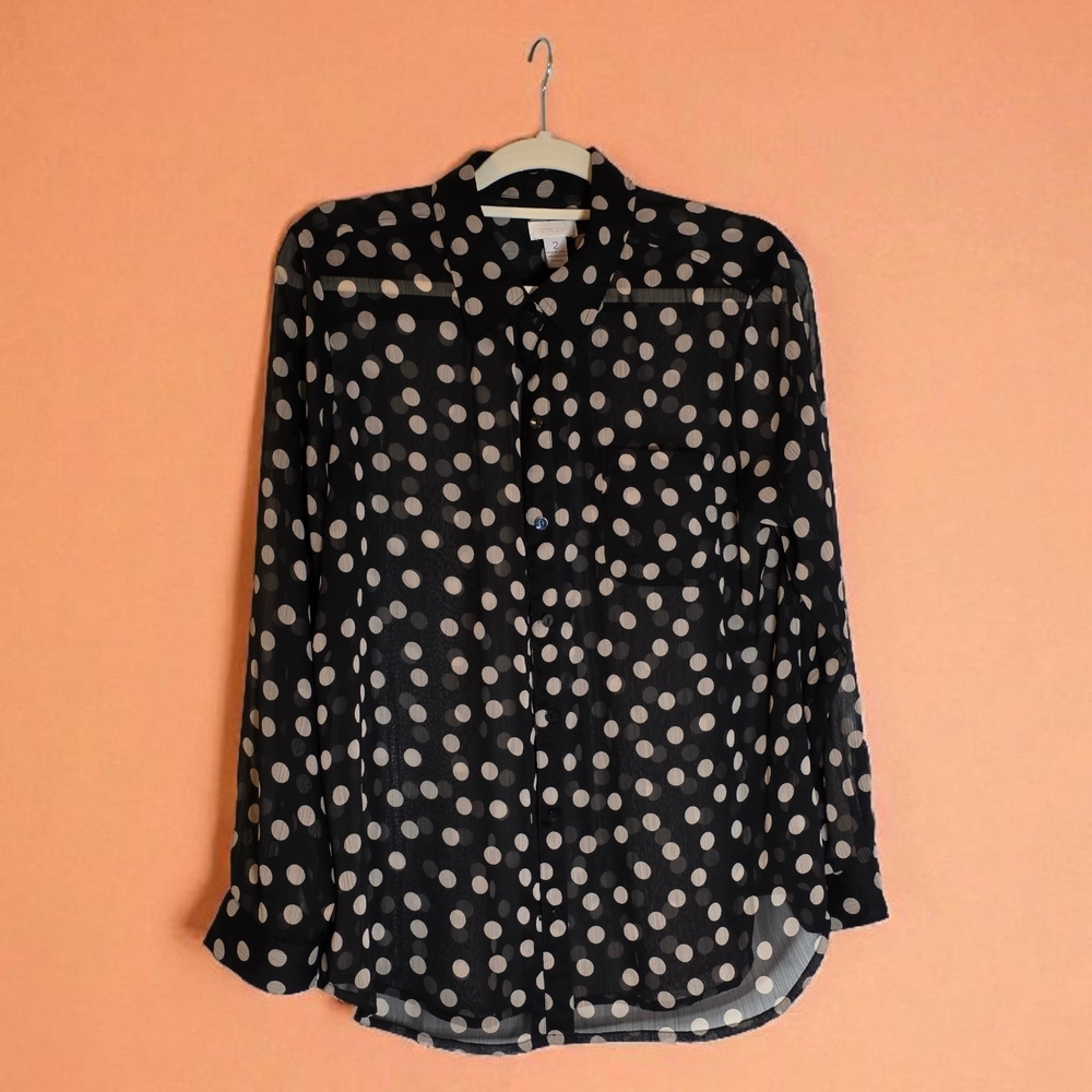 Chico's Sheer Black and White Polka Dot Button Down Shirt EUC